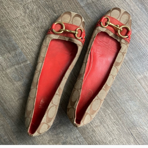 Coach Reddish Orange Flats with Gold Buckles - Picture 5 of 7